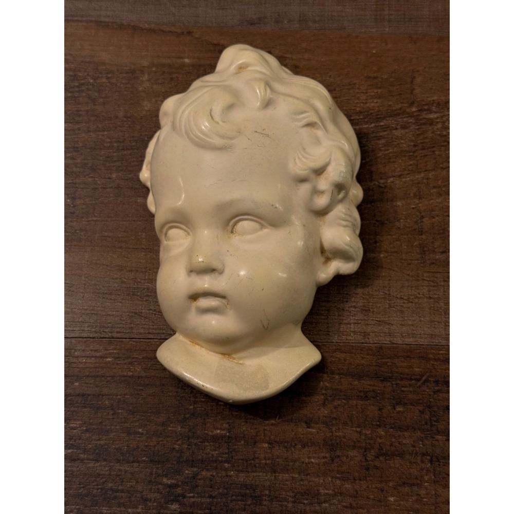 Vintage Cherub Angel Head Wall Plaque Cream Resin Decorative Sculpture 5.5 Inch